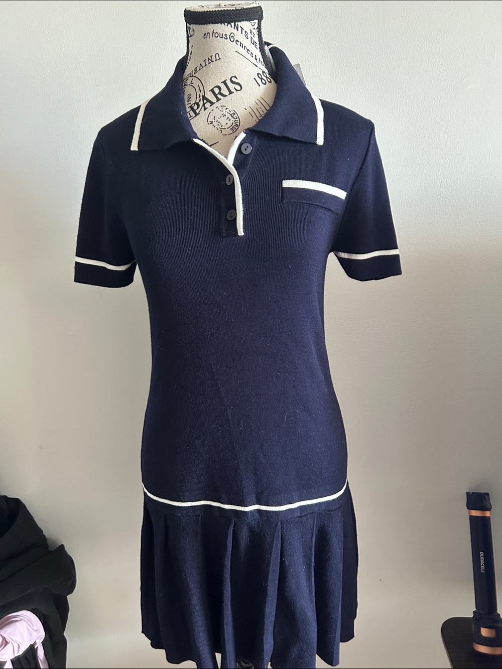 Caroline Constas Navy and White Trim Polo Knit Midi Dress